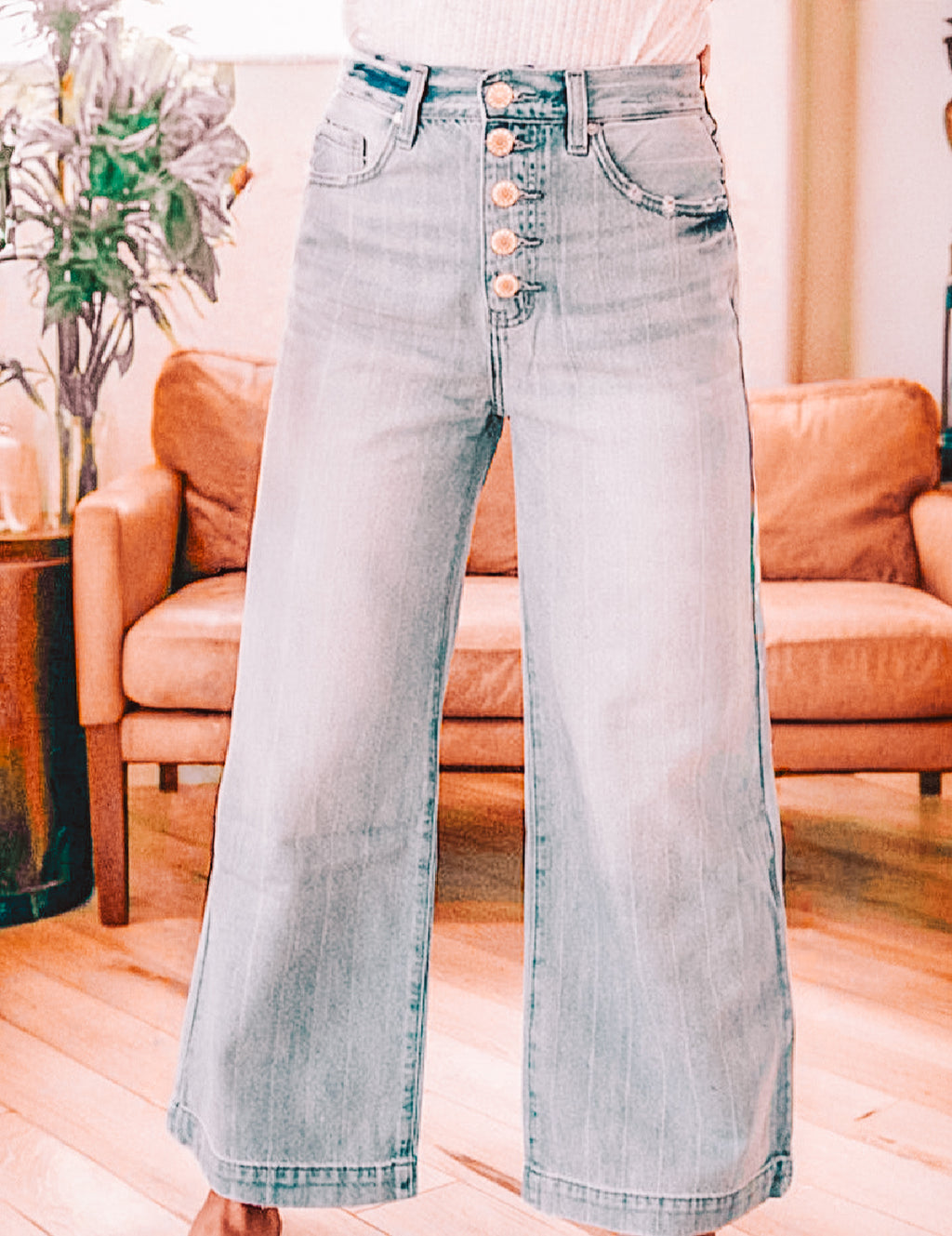 Beau Blue Multi Buttons Pinstripe Wide Leg Jeans