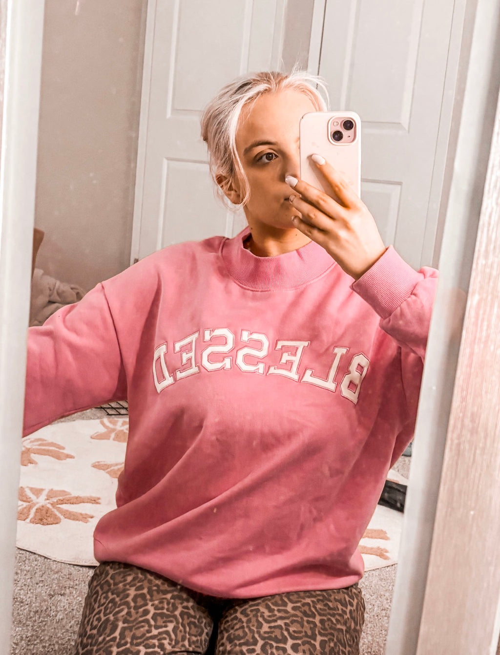 Bright Pink Oversize Blessed Embroidered Mock Neck Sweatshirt