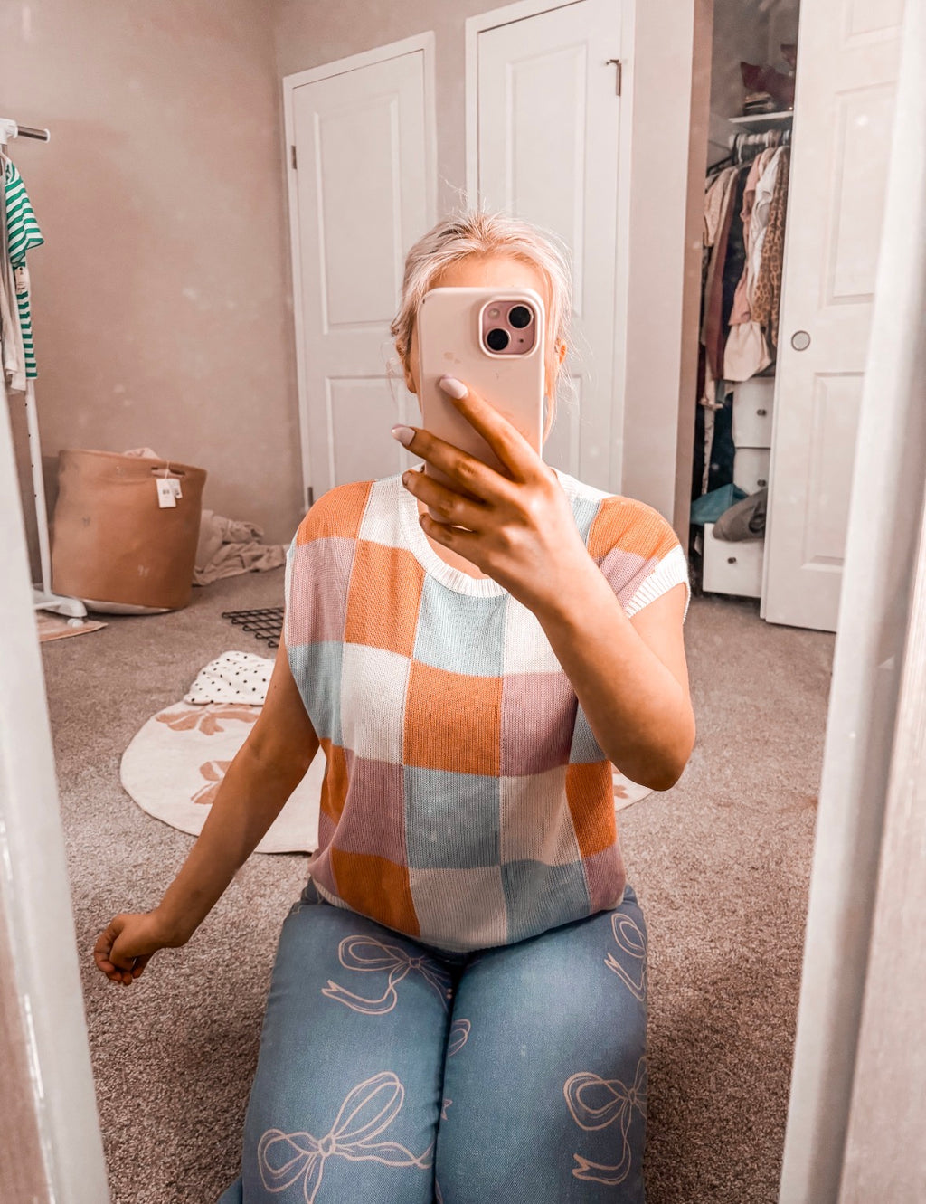 Grapefruit Orange Color Block Cap Sleeve Sweater