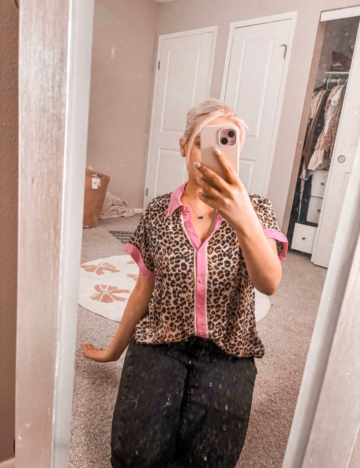 Leopard Print Contrasted Trim Animal Short Sleeve Shirt