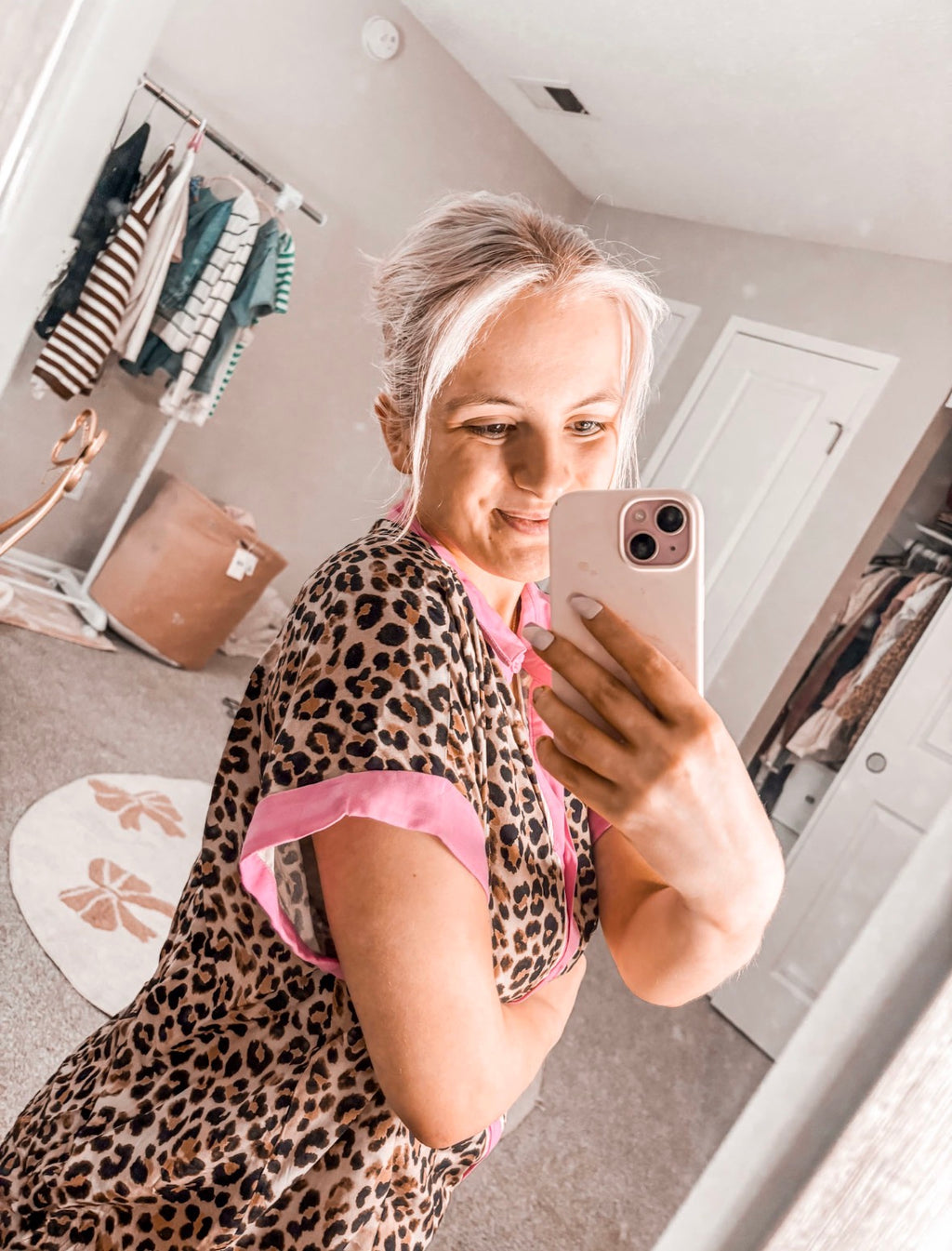 Leopard Print Contrasted Trim Animal Short Sleeve Shirt