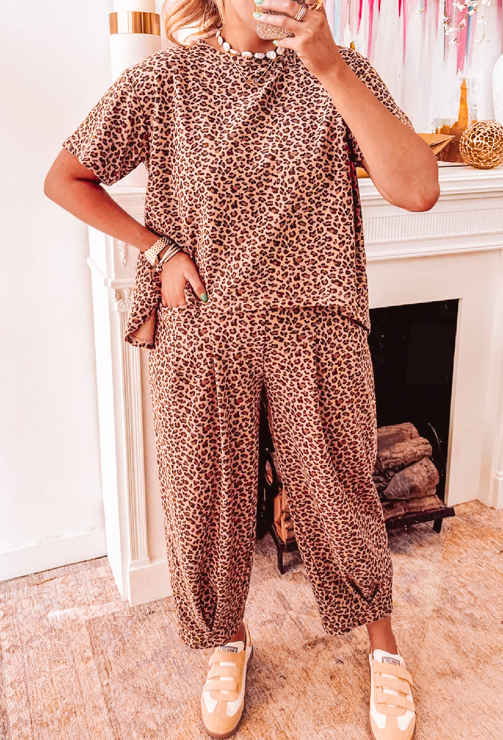 Brown Leopard High-Low Loose Tee Ankle Length Pants Set