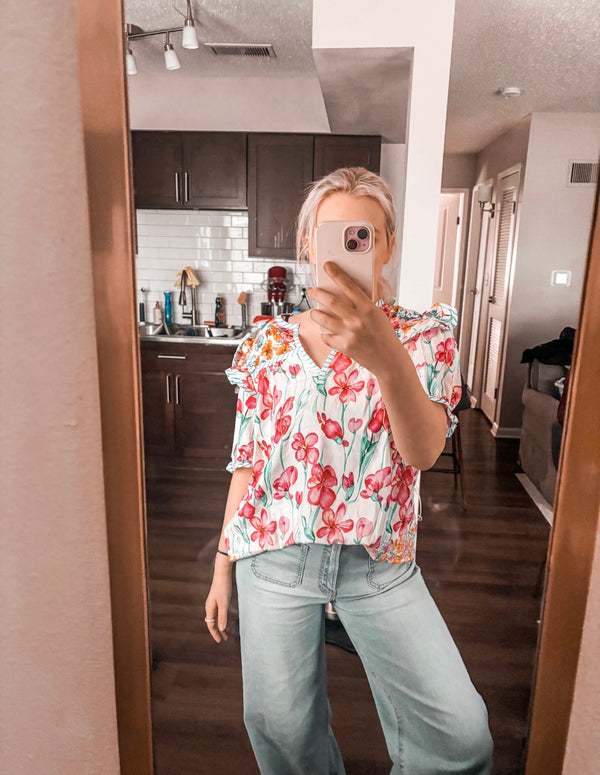 Pink Floral Print Striped Detail Split Neck Short Sleeve Blouse