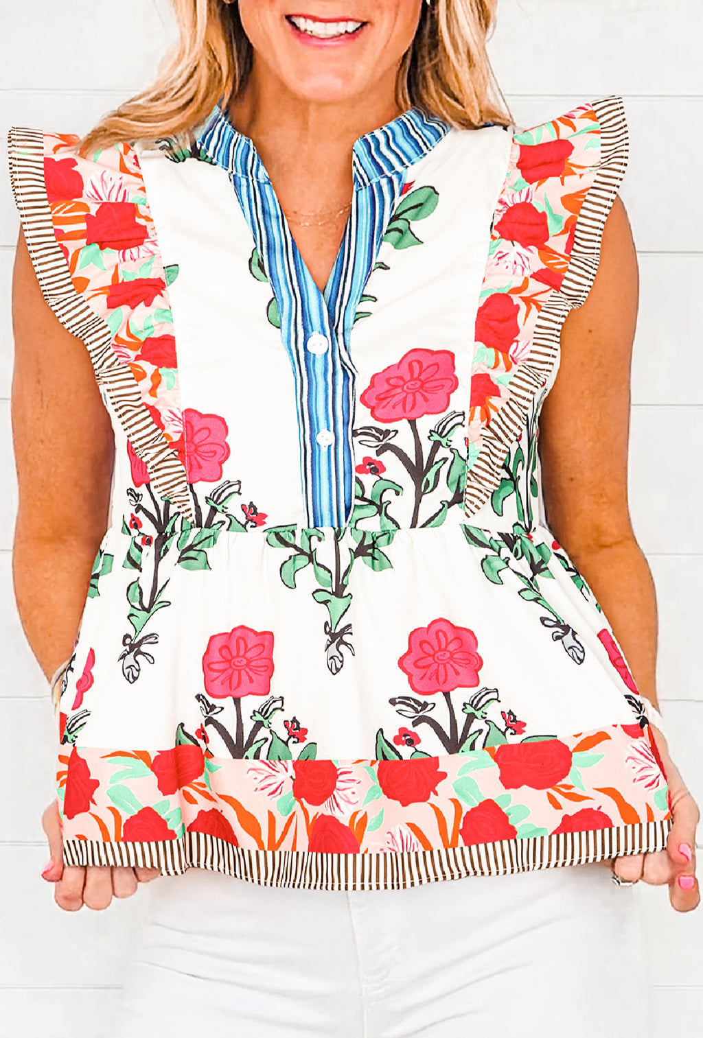 Pink Floral Print Tie Neck Striped Detail Flutter Sleeve Blouse