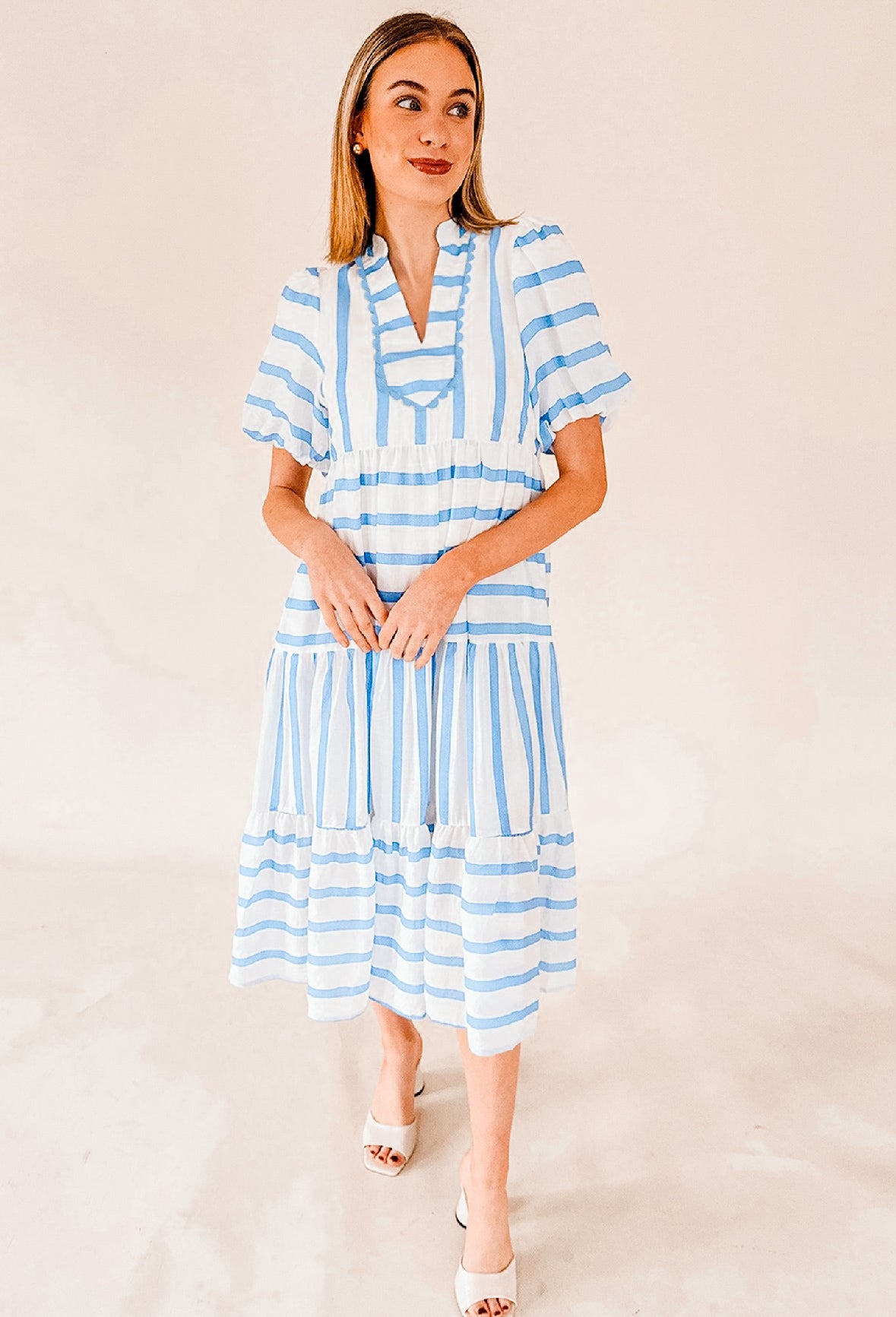 Sky Blue Stripe Ricrac Trim Notched Neck Half Sleeve Vacation Dress