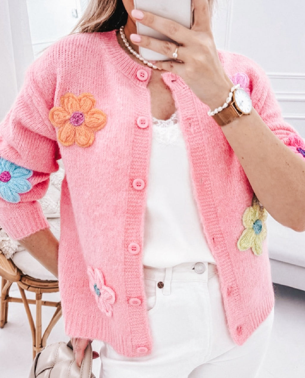 Pink Cute Knitted Floral Pattern Button Up Cardigan