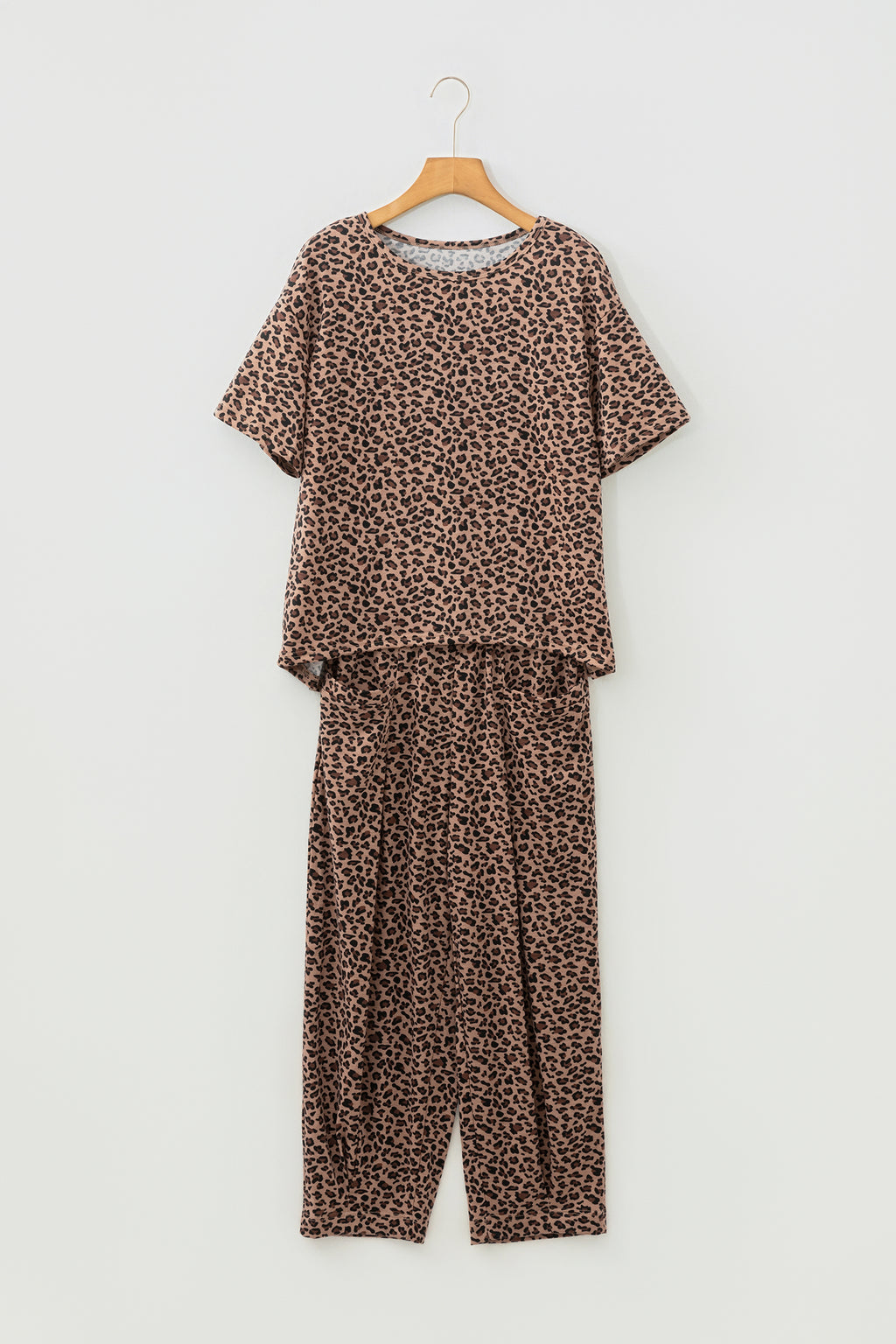 Brown Leopard High-Low Loose Tee Ankle Length Pants Set